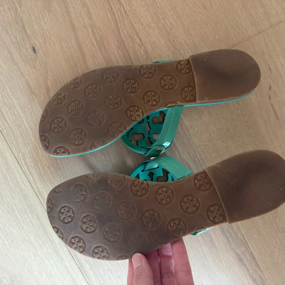 Tory Burch Teal Cutout Logo Thong Sandals with Gold Studs - Picture 2 of 3